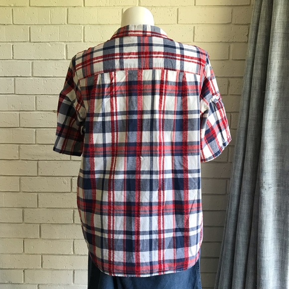 Cotton Shirt Button Down Roll Tab Short Sleeve Red White Blue Woman Within Sz 1X - Picture 6 of 10